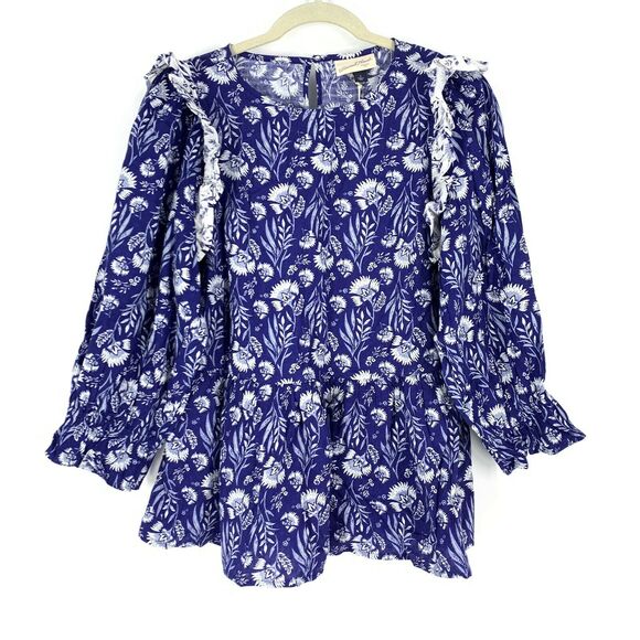 Universal Thread Blue Floral Print Puff 3/4 Sleeve Ruffle Top Blouse Size Small - Picture 3 of 8